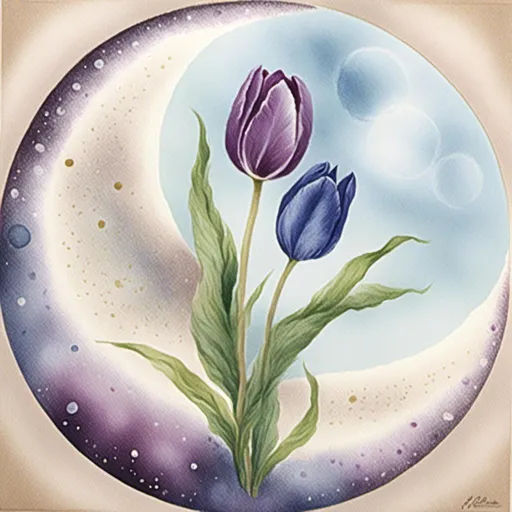 Prompt: <mymodel>
Hugh moon. Purple and blue  transparent tulip inside the moon