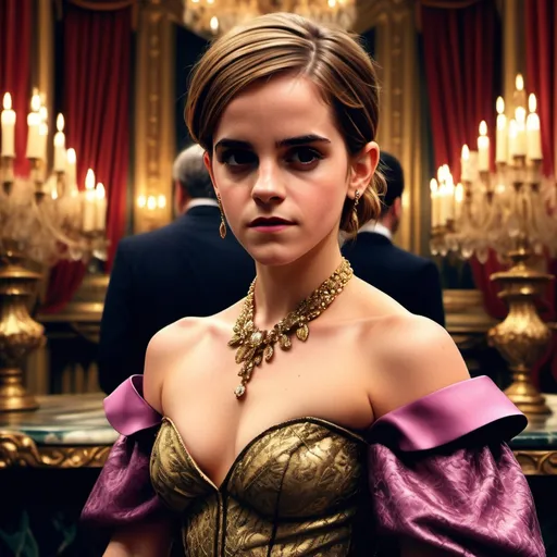 Prompt: (vivid depiction of Emma Watson as a spoiled brat), (demanding) expression, (rude) demeanor, extravagant outfit, bold accessories, opulent background, luxurious setting, richly detailed textures, dramatic lighting, high contrast colors, (ultra-detailed) features, capturing a sense of entitlement, capturing a moment of attitude, (4K) quality.