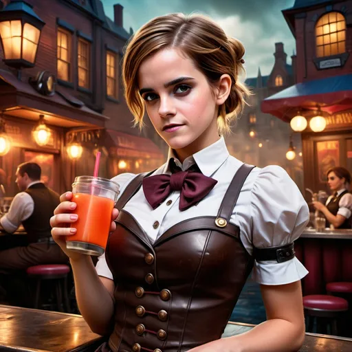 Prompt: photorealistic, (steampunk art), 
emma watson  in a steampunk waitress uniform, (argumentized hands), abs, (desert background),  (drinking water from a well),  (colourful makeup),  (rosy cheeks)dynamic poses,  warm and cool color contrasts, ultra-detailed, sleek design, atmospheric and immersive setting, night scene with a sense of adventure and intrigue.