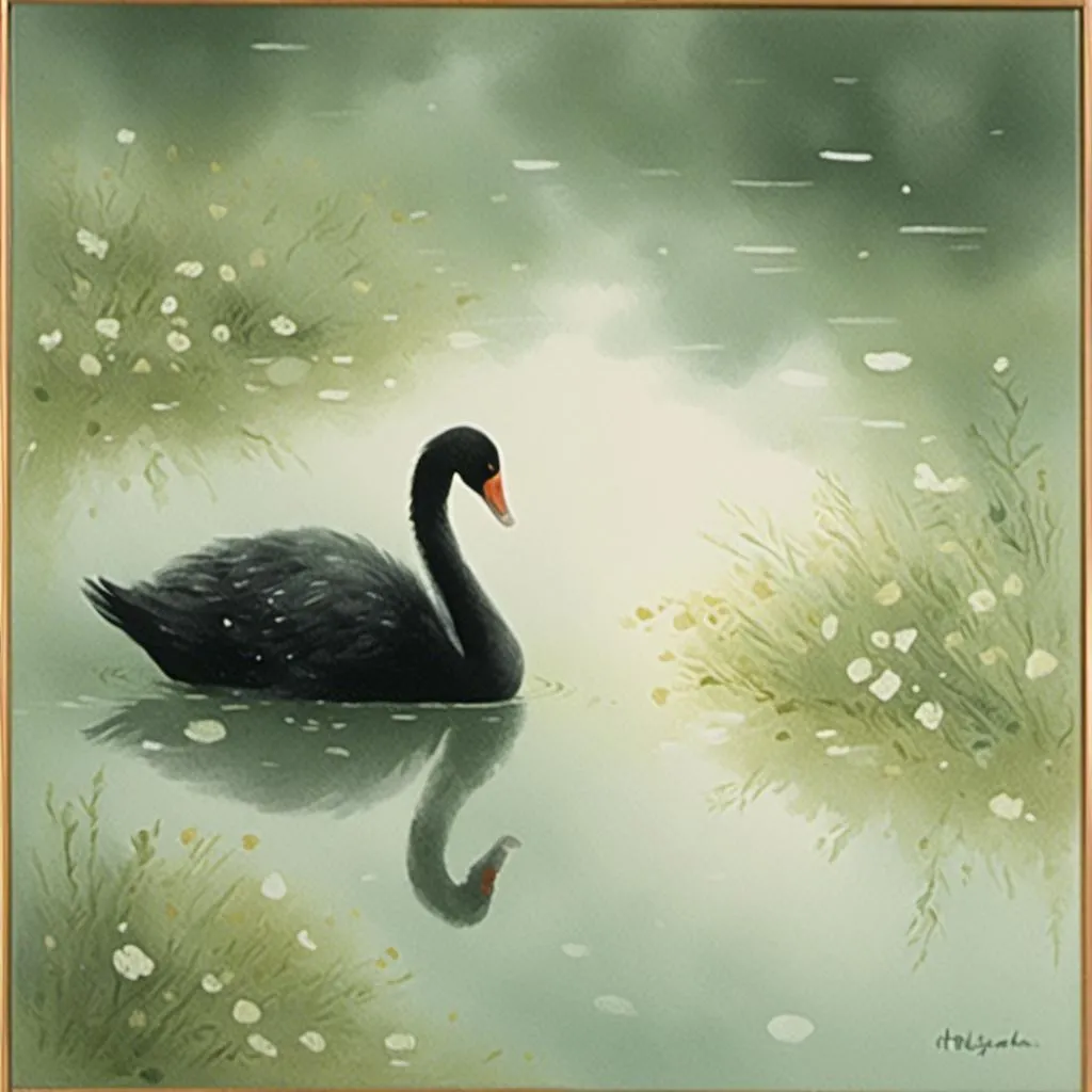 Prompt: <mymodel>
black swan in a mirror reflection.