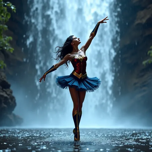 Prompt: in  Batman universe, digital photograph,
wonder woman  ballet dancing in the waterfall.

Long exposure.
Perfect studio lighting, perfect shading, impeccable contrast, HDR, UHD, high res, 64k, cinematic lighting, special effects, hd octaneArtgerm, WLOP, dynamic studio quality lighting hyper-detailed, intricately detailed, Splash art, trending on Artstation, triadic colors, Unreal Engine 5 volumetric lighting, unreal engine, octane render.