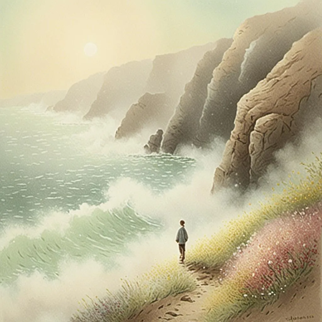 Prompt: <mymodel>Person walking beside cliff , sea wave breaking on clifee, peaceful nature scene, high quality, view from below, realistic, serene, natural lighting, calming color tones, detailed flora, tranquil ambiance