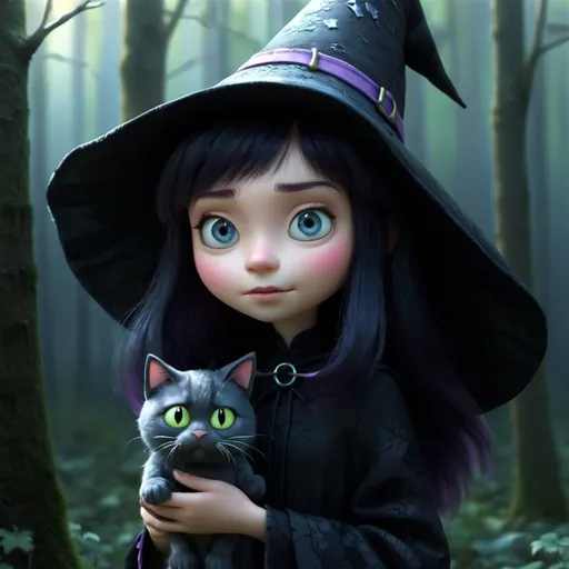 Prompt:  cute witch girl carry a cat.  dark forest. light shines on her. sparkle. gothic feel. detail face
