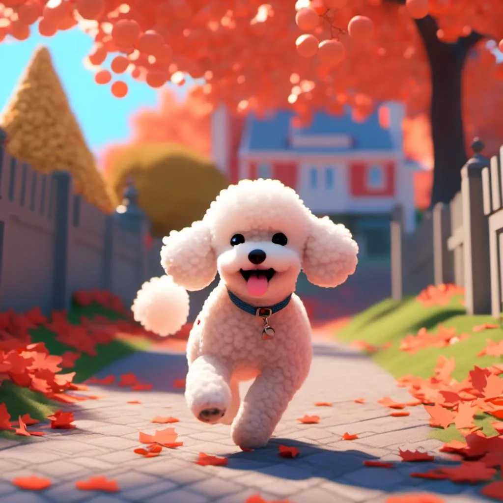 Prompt: <mymodel> a 3d render of kawaii poodle running around a boy.  brick house.  blue sky.  maple leaf flying