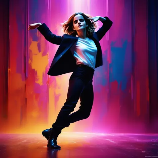 Prompt: (Elevated art piece of Emma Watson), (dancing in a dynamic pose), inspired by Michael Jackson's iconic moves, (vibrant colors), (dramatic lighting), showcasing grace and energy, (high-quality, ultra-detailed), a captivating blend of elegance and rhythm, set against a stylish, abstract background that enhances the visual impact, (cinematic atmosphere).