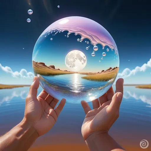 Prompt:  Wallpaper art, liquid design in the background, biomes, , peaceful, ocean, suoer moon, overlaying watermark neurotransmitter, pearlescent, high plains graphic, forming Nueral atoms the 2nd dimension in our hand, high plains, biopunk, first person perspective, 
