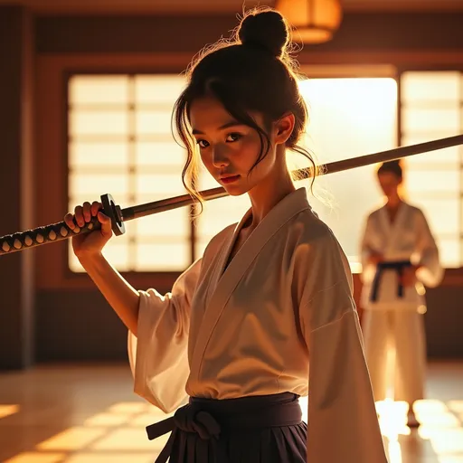 Prompt: (beautiful Japanese girl), (sports clothes), dojo setting,  swords dance, soft lighting, warm tones, comfortable atmosphere, serene ambiance, focus on elegance and grace, high detail, ultra-detailed, cozy vibe, gentle colors,  classy composition, artistic and tasteful portrayal, alluring expression.