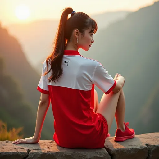 Prompt: Puma company advertising poster.  
siting on a bench, on top of a cliff,
(full body portrait from the back),  halo light on character,  beautiful heavenly cute female figure, (chinese descent), Pilate, slit eye, hint of smile, showing defined abs, lithe strong body,  striking rimmed google,  (sports red and white layered shirts), ,  high-contrast composition,(ultra-detailed), stylish and modern vibe, striking visual contrasts, (high quality, 4K).