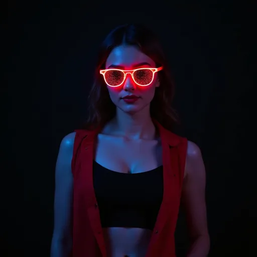 Prompt: full body portrait, female, delicate   show abs, Red framed horn rimmed glasses with bright reflections on the lenses, and red and black layered shirts. using only black, red, and white.  Background is black with neon bluelight.