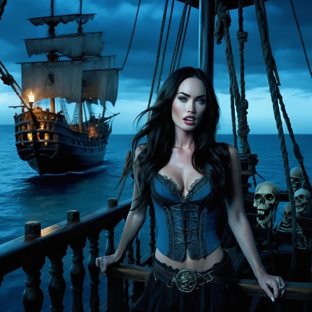 Prompt: (vampire movie scene), (actress Megan Fox), show her fangs,  standing on the deck 10th-century pirate ship, surrounded by eerie skeletons, dramatic moonlight illumination, cool blue tones, high-quality HD, gothic atmosphere, intense expressions, intricate ship details, ominous ocean backdrop, hauntingly beautiful ambiance, capturing the essence of dark adventure.