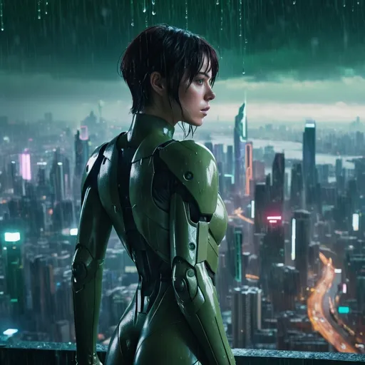 Prompt: (ghost in the shell movie scene), (stunning beautiful maiden in ironwoman outfit), breathtaking digital landscape, futuristic city skyline imbued with green code raindrops, dramatic contrasts, vibrant colors accentuate the action, tense ambiance, high-intensity mood, (4K ultra-detailed), cinematic lighting creates depth, bold shadows, innovative architecture unfolding in the background, a blend of reality and illusion, mesmerizing visual storytelling.