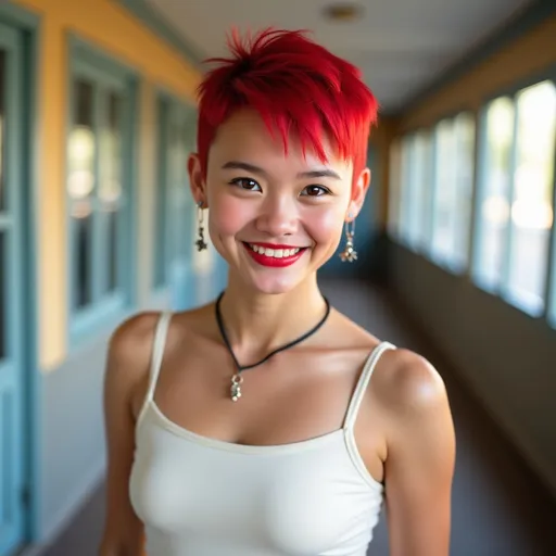 Prompt: ((full body portrait)),candid shot, 
School hall,
young woman with a round face and brown eyes, (nose piercing), striking red ultra-short shaved haircut, (tiny red lips), (cute) appearance, show abs, wearing a fashionable, white con dress, warmth in her friendly smiling gaze, bright and inviting ambiance, (open window) in the background, (natural light streaming in), (vibrant colors), ultra-detailed, high-quality image.