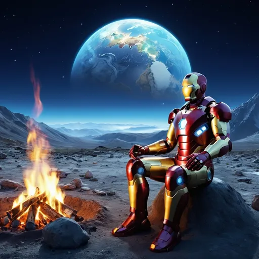 Prompt: on the moon surface.

(glowing, a peaceful iron man, vibrant colors, (heavenly atmosphere),  cozy flickering fireplace in the background, ethereal lighting, serene and tranquil vibe, high detail, ultra-detailed, 4K quality.

 Wallpaper art, liquid design in the background, biomes, , peaceful, alps,  blue earth,  Gaia, earth neurotransmitter, pearlescent, high plains graphic, forming Nueral atoms the 2nd dimension in our hand, high plains, biopunk.