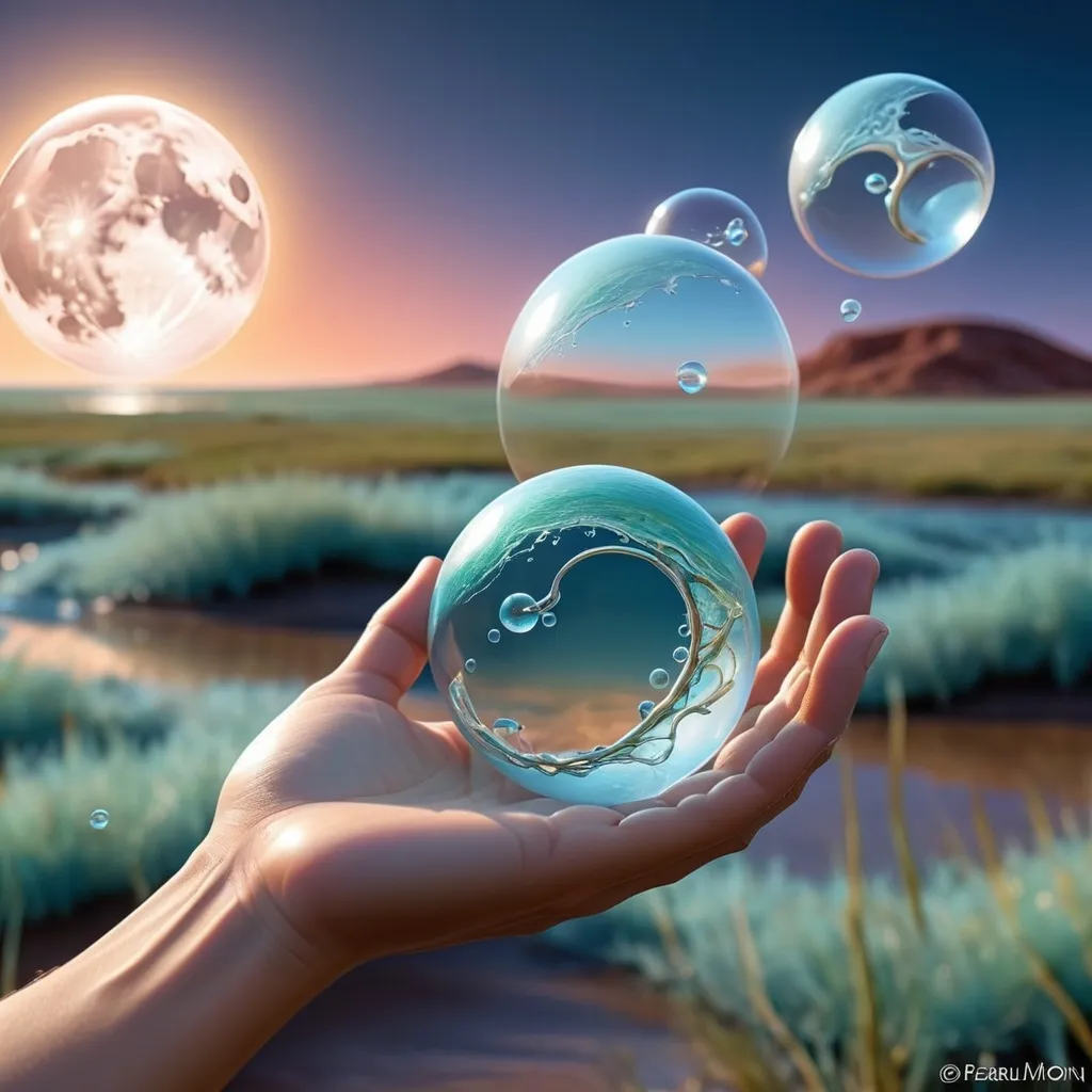 Prompt:  Wallpaper art, liquid design in the background, biomes, , peaceful, ocean, suoer moon, overlaying watermark neurotransmitter, pearlescent, high plains graphic, forming Nueral atoms the 2nd dimension in our hand, high plains, biopunk, first person perspective, 
