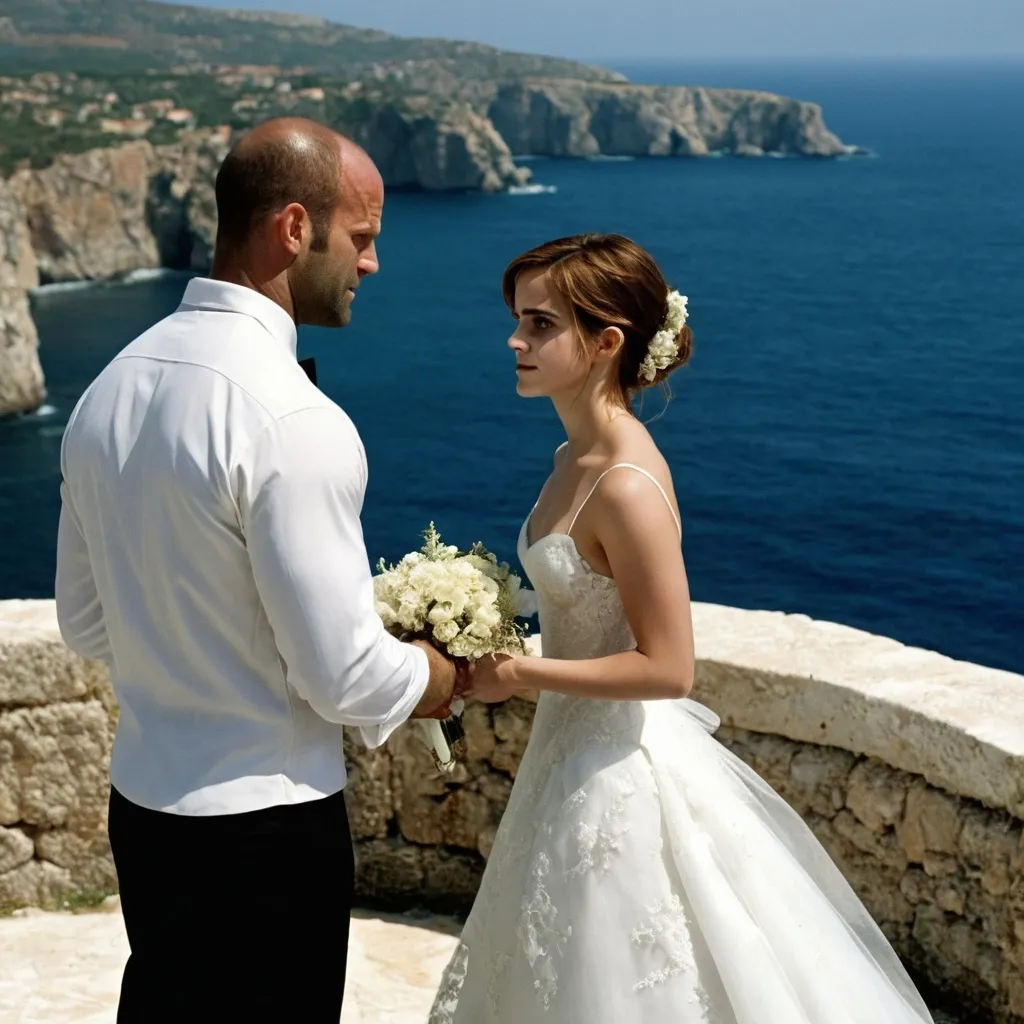 Prompt: 2000,
island, noon, cathedral, Mediterranean sea cliff.

 emma  watson is the bride in wedding ceremony.
Groom is Jason Statham