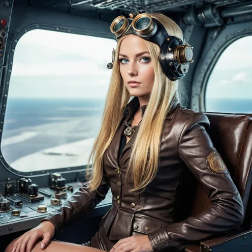 Prompt: year 2030,
  steampunk world.
a heavenly beauty Megan Edwards
Model and actress,
Glamour photography , long blonde hair, bright eyes, soft features, youthful look, maxim style pose, freckles, flawless beauty, perfection, modern make up, highlighted inner eye, alluring look, charm, class, wealth, from behind, looking back
, sitting on the command chair of a giant gun ,  firing the gun, backgroumd on an aircraft space deck,
wet short hair, cute ,   space headgear, tight leather suite, furturistic, 
high detail 128k full body portrait photo.

