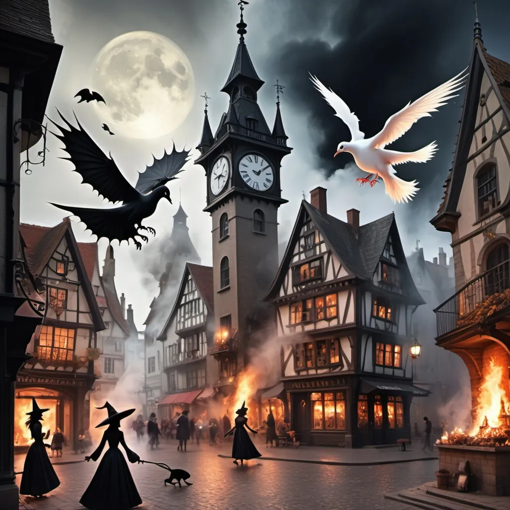 Prompt: on the town square.
12 century.
witch flying on bloom stick.
dragon flying, spewing fire.
a burning wax house, a beautiful maiden face image is inside a clock tower. 
the fireplace.
A horror house.
A witch, black cats.
white pigeon.
white cloud.
dancing folks.
city square.


mystic mist