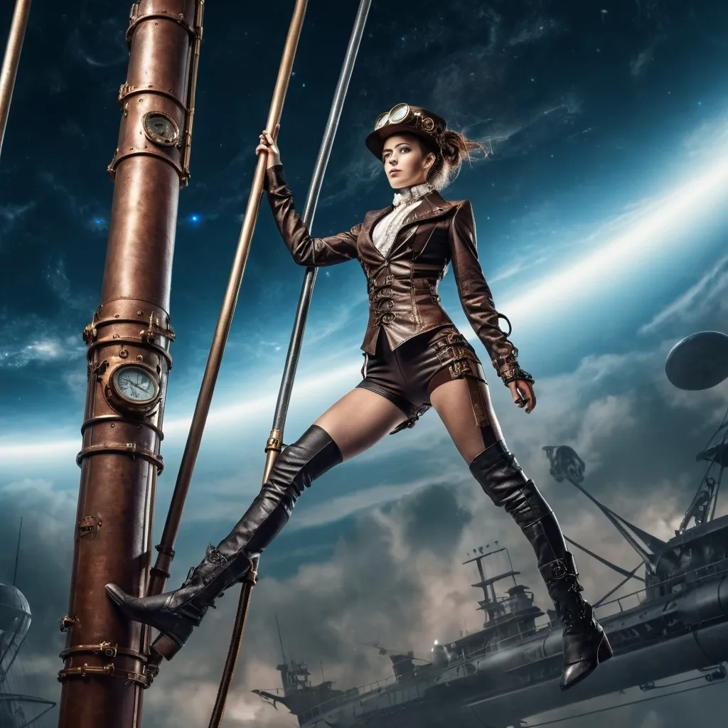 Prompt: year 2030,
  steampunk world. 
olympic woman perform pole vault (action of jumping),
(22 year-old young lady),wearing  steampunk leather clothes, high definition, ultra-detailed. space battleship deck, view of galaxy, 
high detail 128k full body portrait photo.

