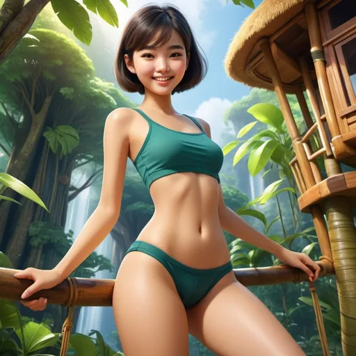 Prompt: Beautiful 18 years old heavenly asian, in a canopy tree house, 
, warm smile, bright eyes, short hair, in a swarm, high quality, traditional, tropical, full body, detailed, realistic, cute soft cotton clothing,  realistic skin texture, vibrant colors,  professional quality, traditional, realistic, tropical, futuristic, detailed, vibrant colors, full body , show abdomen, cute backside, show bum,