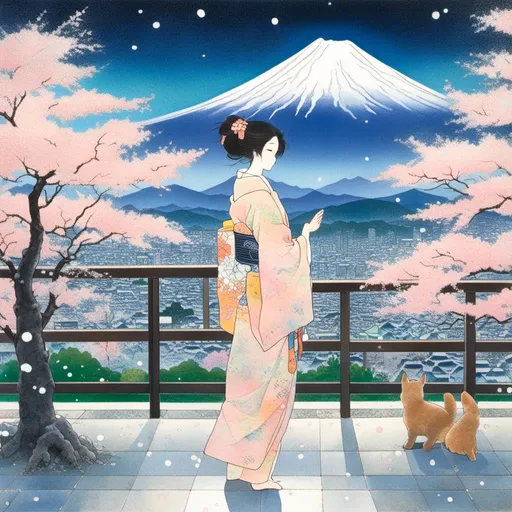 Prompt: <mymodel>(mymodel), wearing (intricately patterned kimono), standing gracefully in (Tokyo), with (Mount Fuji) in the background, amidst (gentle snowfall), evening light casting a soft glow, surrounded by (white-crowned trees), embodying a (cute and happy atmosphere), evoking a sense of (peaceful serenity), stylized in a breathtaking (2023 winter scene), ultra-detailed, tranquil.