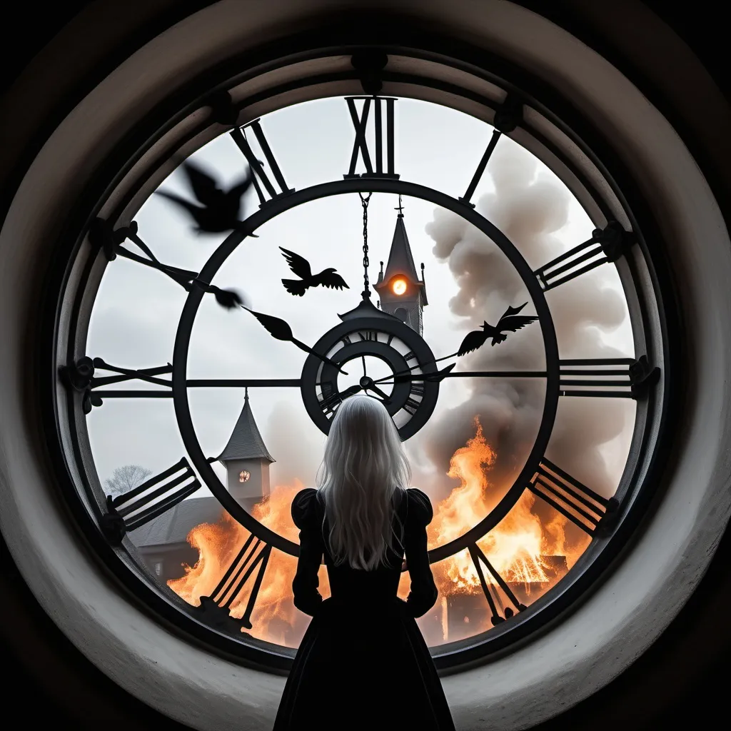 Prompt: first person view from 10 m away.
in  a burning wax house, a beautiful maiden face image is inside a clock tower. 
the fireplace.
A horror house.
A witch, black cats.
white pigeon.
white cloud.
dancing folks.


mystic mist