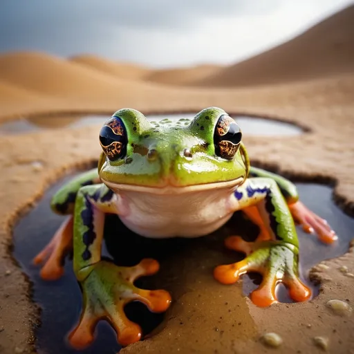 Prompt: many many small tiny colourful frog in a small pool. 
view from sky.
Sahara desert. dry. background far away lighting storm.



splash art, hyper detailed, ultra realistic, highly detailed, surreal heavy mist, AI defined exquisitely beautiful, totally ultra realistic young adult Korean, gorgeously detailed facial features, sumptuous cleavage, perfect body proportions, ultra pale, ultra glamorous, perfect shading, impeccable contrast, HDR, UHD, high res, 64k