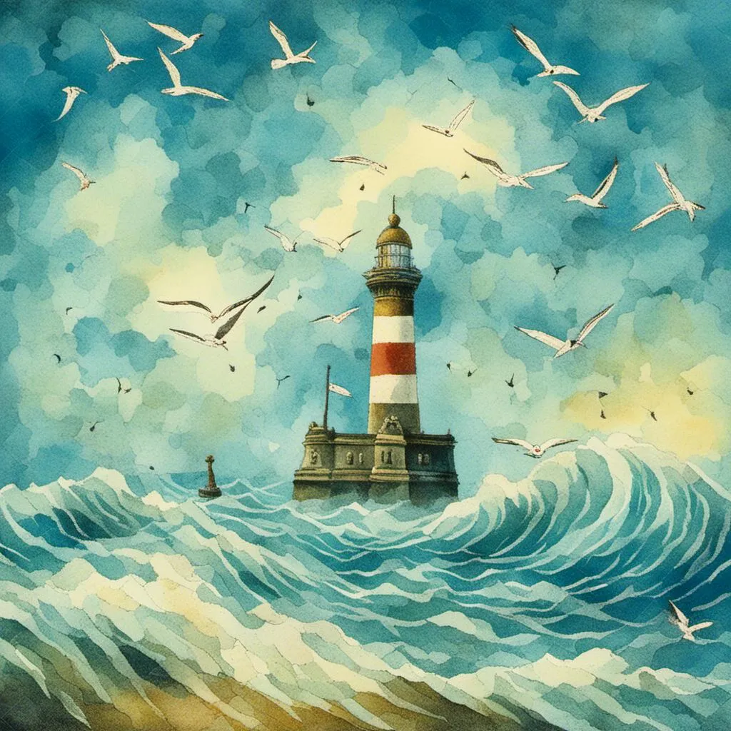 Prompt: <mymodel>

 1920,  morning.
Europe.

blue sky.

 lighthouse, wave breaking, sea gulls.

mysterious atmosphere.