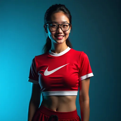 Prompt: Nike company advertising poster.  (JUST DO IT)
(full body portrait), beautiful female figure, (Asian descent), hint of smile, showing defined abs, lithe strong body,  striking rimmed glasses,  (sports red and white layered shirts), bold use of color (black, red, white), high-contrast composition,  (studio light blue from right) ,  (studio light white from left side), (ultra-detailed), stylish and modern vibe, striking visual contrasts, (high quality, 4K).