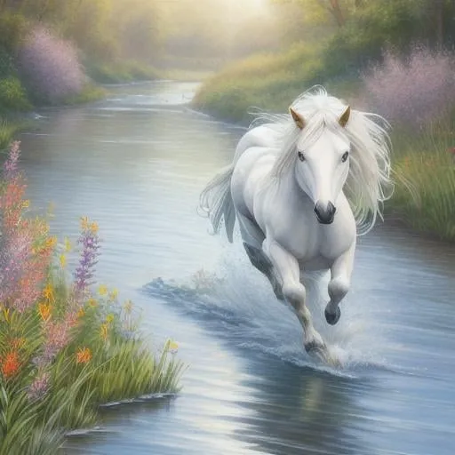 Prompt: <mymodel>Detailed illustration of a majestic white girl galloping along a serene riverbank, radiant morning sunlight casting warm reflections on the water, vibrant greenery and colorful wildflowers adorning the riverbank, high quality, detailed, realistic, warm tones, vibrant lighting, flowing mane and tail, powerful stride, lively and dynamic, digital painting, serene atmosphere