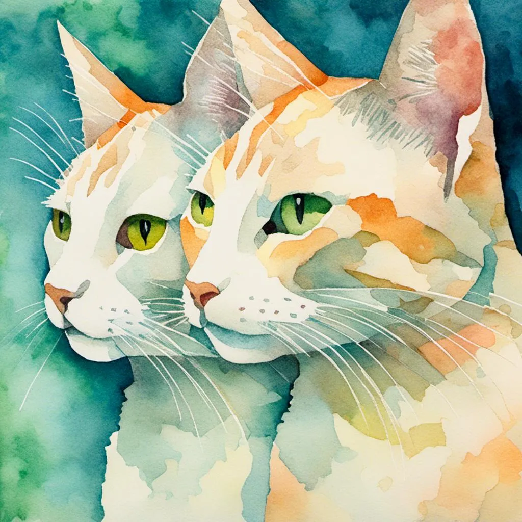 Prompt: <mymodel>5 water color cutout portrait of a pensive beautiful cat face side by side,  looking in "stillness". The portrait follows the rule of thirds composition.