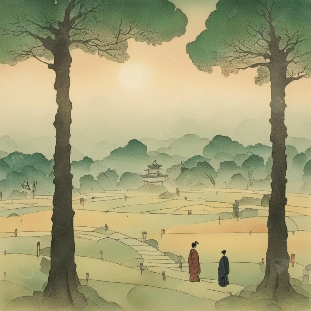 Prompt: <mymodel>

 1920,  morning.
Europe.

zen garden, one giant tree crest. 


mysterious atmosphere.