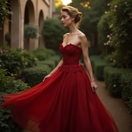 Prompt: An elegant and beautiful emma watson.  (vintage red Valentino dress), exquisite detailing, soft flowing fabric, elegant silhouette, rich textures, muted colors, classic design, romantic ambiance, intricate embellishments, luxurious draping, timeless elegance, high fashion, (ultra-detailed), opulent background, ethereal lighting, enchanting atmosphere,  french maze garden, show off her side