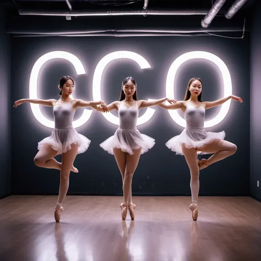 Prompt: 2020 dance studio.
Hollywood.
20 years heavenly beautiful south Korean wonder girls  learning how to dance ballet.

halo lighting.
long exposure.
full body action still photos stacking.