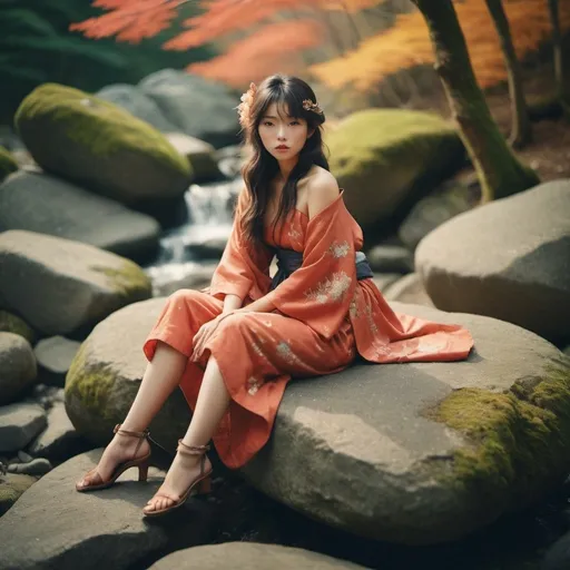 Prompt: Glamour sensual photography of 17 years old beautiful japan folk lore fairy girl on a bolder stone, in the style of Guy Aroch