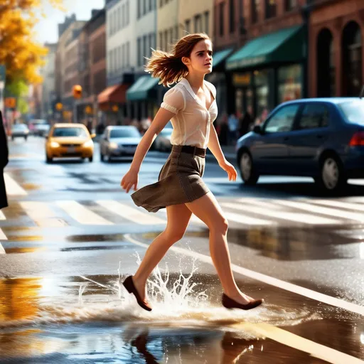 Prompt: (graceful emma watson stepping on water), street corner scene, (dynamic splash effect), fast-moving car zooming by, motion blur for added drama, vibrant urban atmosphere, reflections on wet pavement, (highly detailed), sunny day lighting, warm tones, (cinematic perspective), capturing the fleeting moment of joy and excitement.