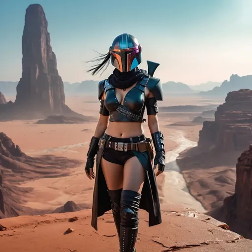 Prompt: (starwars movie scene),  God's view, (stunning beautiful cute asian maiden  in bounty hunter outfit), jump off a building,  breathtaking digital landscape, futuristic desert imbued with raindrops, dramatic contrasts, vibrant colors accentuate the action, tense ambiance, high-intensity mood, (4K ultra-detailed), cinematic lighting creates depth, bold shadows, innovative architecture unfolding in the background, a blend of reality and illusion, mesmerizing visual storytelling.