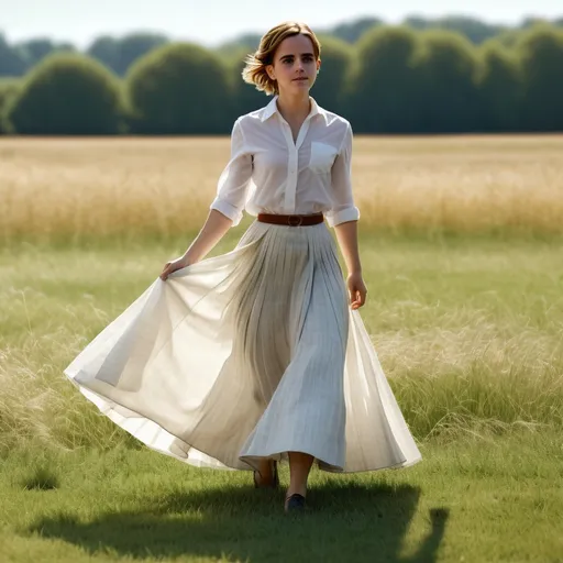 Prompt: ((full body portrait)),  ((emma watson)), photo shot,  dynamic range color,  detail face, 180mm Leica lens, standing on a grass field,  sun shines from her back,  facing camera,  smiles,
white long skirt, ultra-detailed, high-quality image. 4k photo.