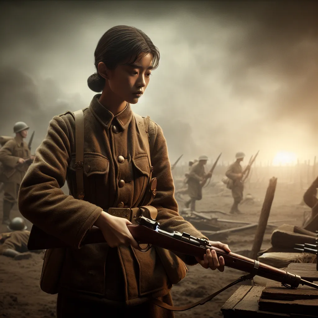 Prompt: (pretty chinese 17 female WWII soldier), vintage military uniform, gripping a rifle, set against a historic battlefield backdrop, powerful and nostalgic atmosphere, capturing resilience, muted colors, dramatic lighting, textured details of the battlefield, historical accuracy, evokes courage and determination, ultra-detailed, cinematic masterpiece.