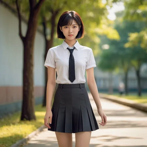 Prompt: 007 movie setting.  in public park. 
(((16 years old  soft heavenly beautiful asian girl as principle in a school hallways ))), boyish hair, small nose, small delicate lips, white blouse, black pensil tight skirt, short dark hair, flush cheeks, grossy lips.

warm smile, bright eyes, in love, happy.


 high quality, soft expression, dynamic lighting,   digital illustration, vibrant colors, 
, in love, perfect anatomy, highly detailed,((photorealistic)), ((hyperrealistic))

 (((full body))) 

128k resolution. 

 Zeiss Sonnar F 150mm f/2.8
 in the style of Paul Barson

