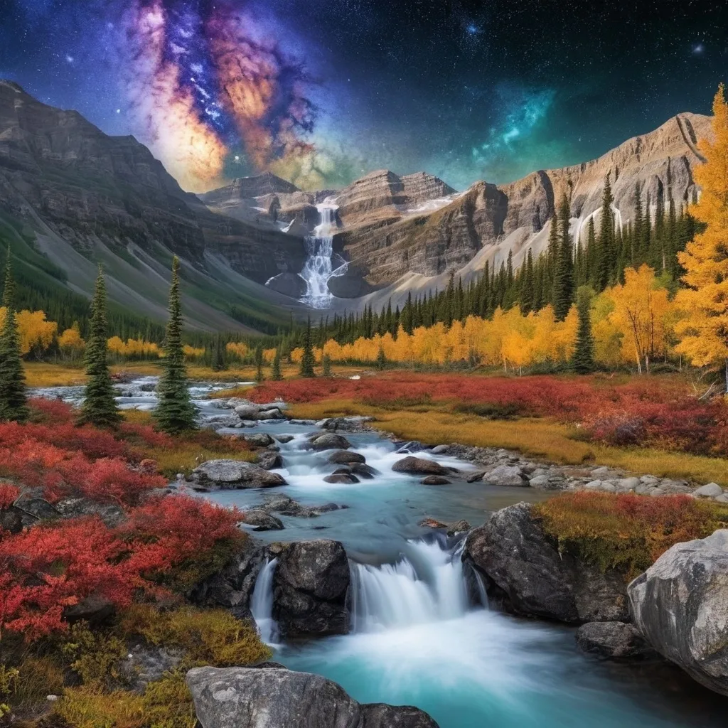 Prompt: year 2024,  streams in Canada wildness, fall season, view of galaxy, 
high detail 128k 
