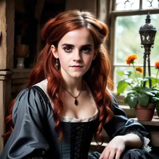 Prompt: (Emma Watson character)
young stunningly gorgeous rag queen witch, deep gray eyes, deep look, very long red hair, light contrast, baroque intricate portrait, young drag queen witch sitting in her garden house. Bright sunny slight smile.