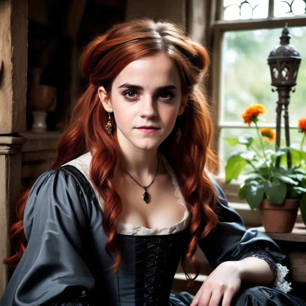 Prompt: (Emma Watson character)
young stunningly gorgeous rag queen witch, deep gray eyes, deep look, very long red hair, light contrast, baroque intricate portrait, young drag queen witch sitting in her garden house. Bright sunny slight smile.