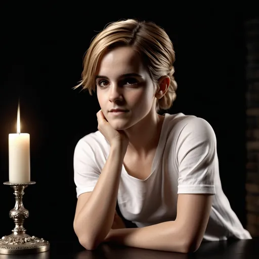 Prompt: (white glossy porcelain sculpture) of Emma Watson, (blond hair), wearing a casual t-shirt, against (black background), enhanced by (soft studio lighting), elegantly placed on a classic table near a (refined fireplace), showcasing a striking contrast with the dark backdrop, providing a cozy yet sophisticated ambiance, high quality, (4K), ultra-detailed craftsmanship.