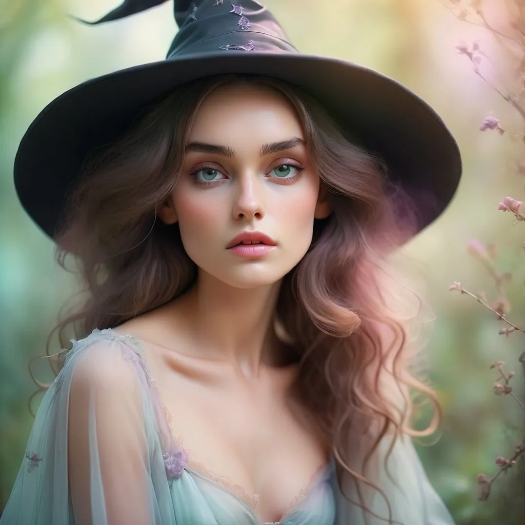 Prompt: Dreamy pastel portrait, keiry knightley witch, sensual ethereal atmosphere, soft focus