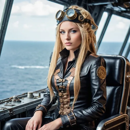 Prompt: year 2030,
  steampunk world.
a heavenly beauty Megan Edwards
Model and actress,
Glamour photography , long blonde hair, bright eyes, soft features, youthful look, maxim style pose, freckles, flawless beauty, perfection, modern make up, highlighted inner eye, alluring look, charm, class, wealth, from behind, looking back
, sitting on the command chair of a giant gun ,   backgroumd on an aircraft space battleship deck,
wet punk hair, cute ,   space headgear, tight leather suite, furturistic, 
high detail 128k full body portrait photo.

