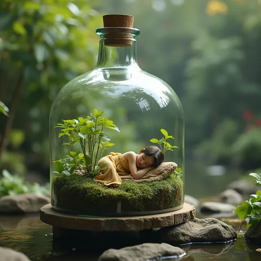 Prompt: **Hyper-Realistic Photograph:** An incredibly detailed, professional photograph of a giant glass bottle, inside has a garden and pond. has two tiny stunning young women sleeping peacefully..