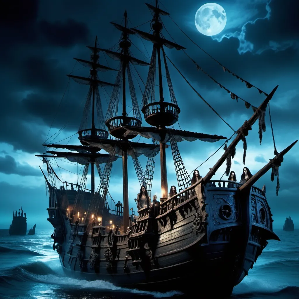 Prompt: (vampire movie scene), (actress Megan Fox), 10th-century pirate ship, surrounded by eerie skeletons, dramatic moonlight illumination, cool blue tones, high-quality HD, gothic atmosphere, intense expressions, intricate ship details, ominous ocean backdrop, hauntingly beautiful ambiance, capturing the essence of dark adventure.