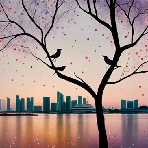 Prompt: <mymodel> 2024,  multimedia collage,
singapore skyline. marina bay.

outline of a bird on tree branch.


mysterious atmosphere.