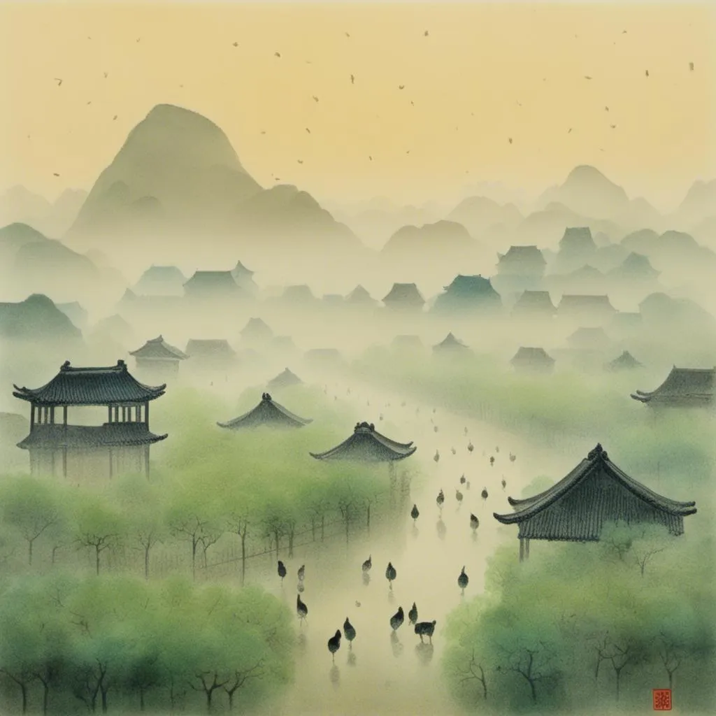 Prompt: <mymodel>

 1920,  morning.
Suzhou farm,  foggy,
far away mountain.

zen.


peace.


mysterious atmosphere.