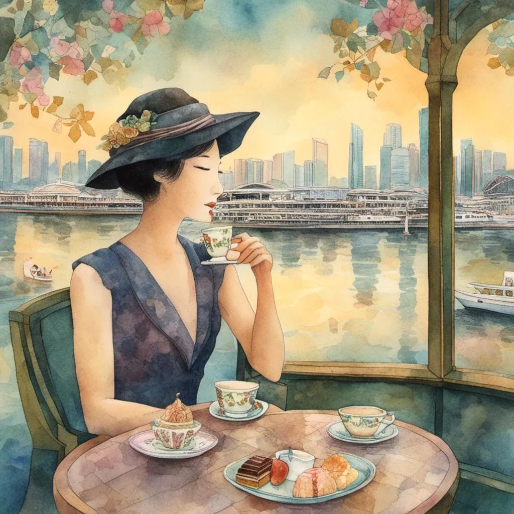 Prompt: <mymodel> 2024, 
singapore waterfront city.

lady drinking afternoon tea.


mysterious atmosphere.